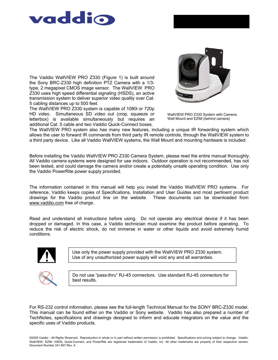Vaddio WallVIEW PRO Z330 User Manual | 12 pages