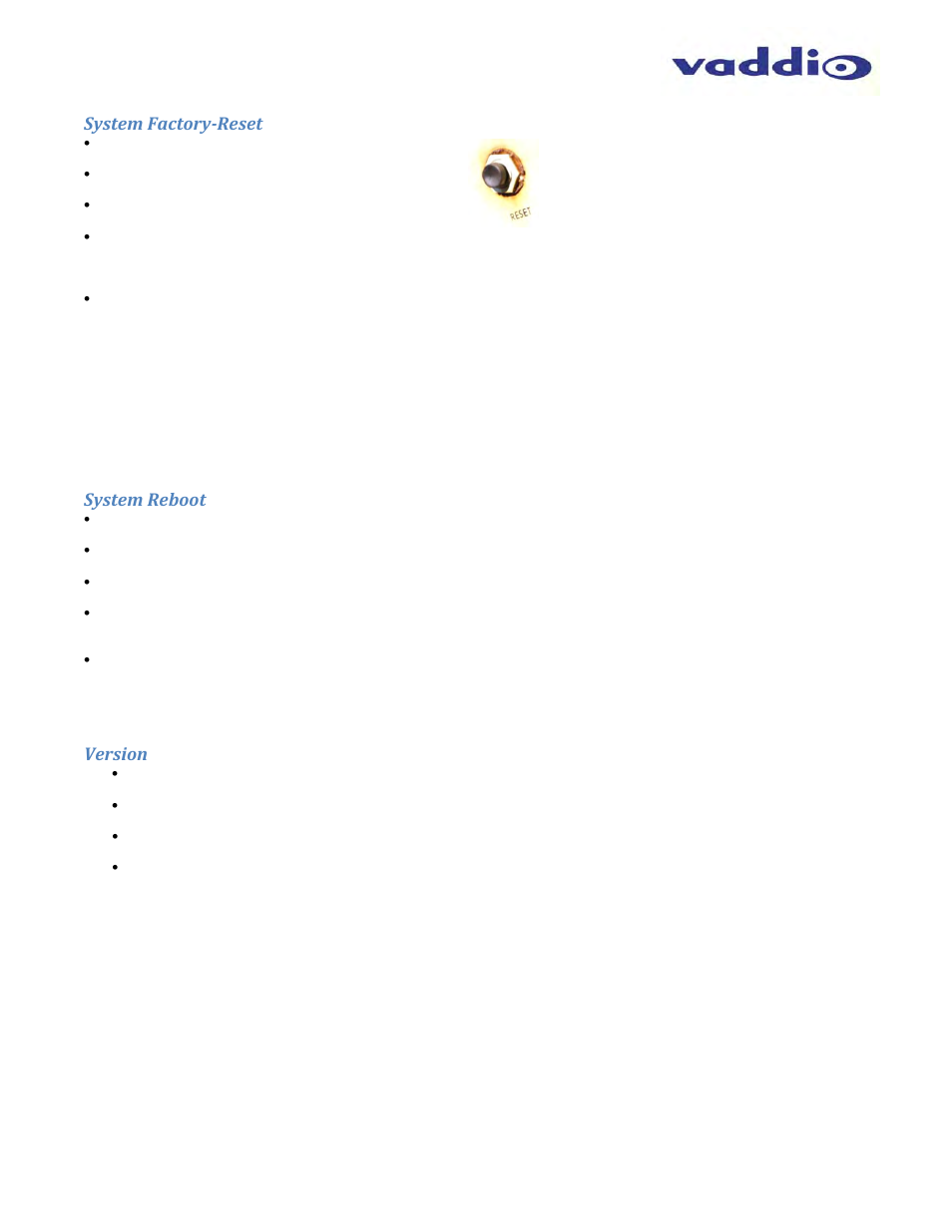 System factory‐reset, System reboot, Version | Vaddio WideSHOT WallVIEW USB User Manual | Page 41 / 44