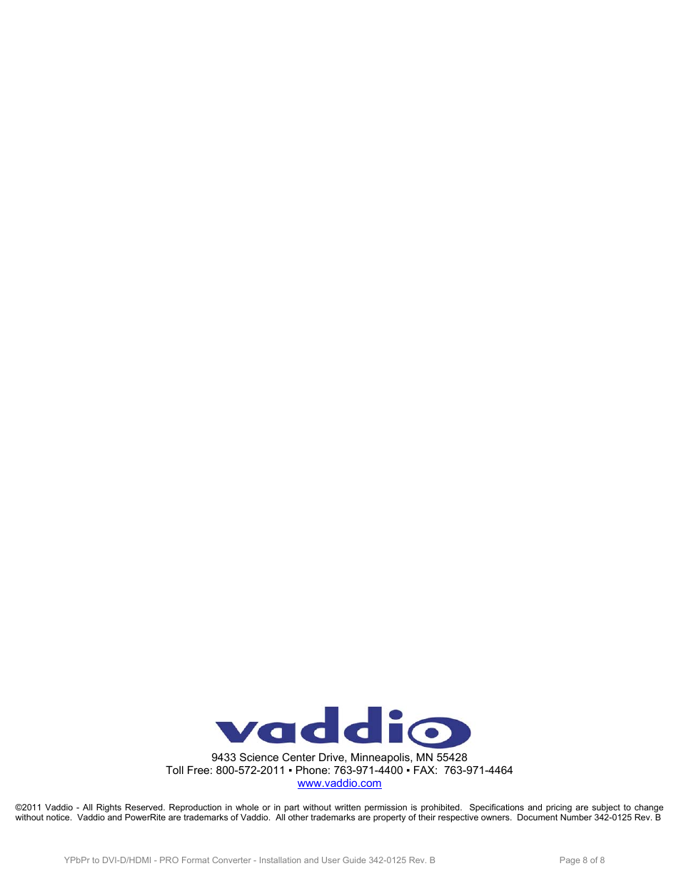 Vaddio YPbPr to DVI-D Format Converter User Manual | Page 8 / 8