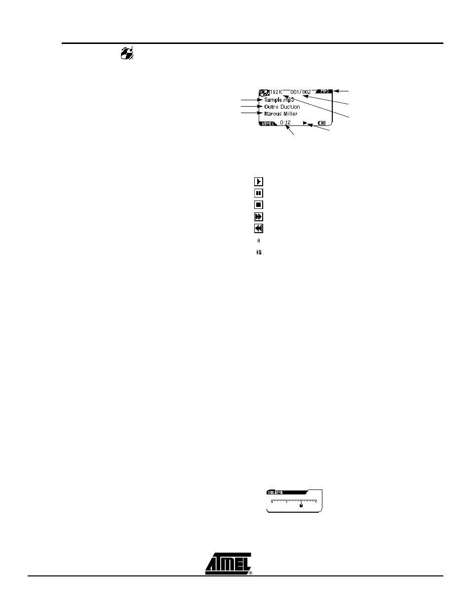 2 player, 1 player status, 1 playing control | 2 song selection, 3 fast forward fast rewind, 4 repeat ab, 5 volume control, Player -8, Player status -8 | Atmel AT85DVK-07 User Manual | Page 10 / 21