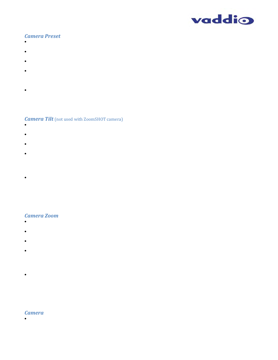 Camera preset, Camera tilt, Camera zoom | Camera | Vaddio ZoomSHOT WallVIEW USB User Manual | Page 34 / 40