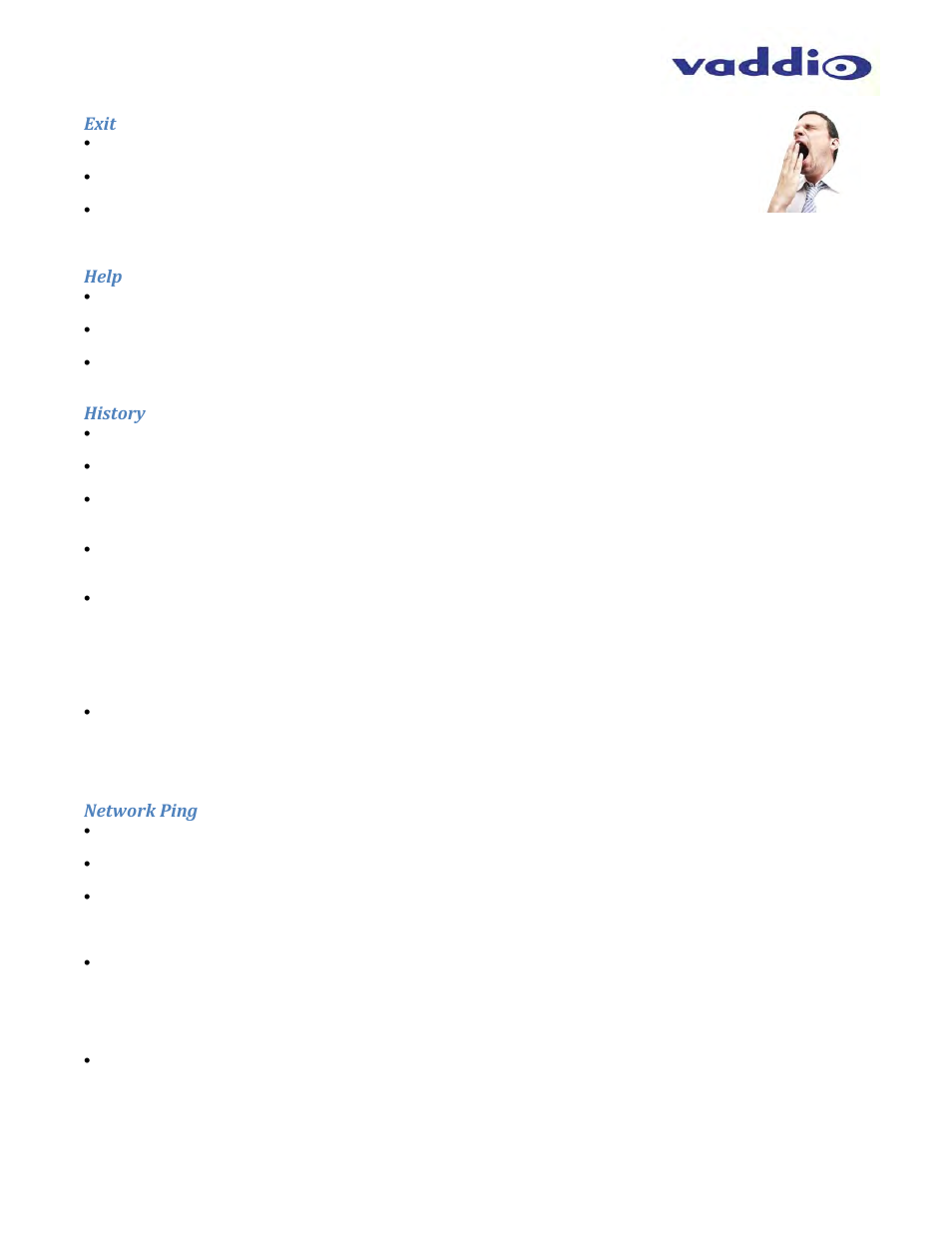 Exit, Help, History | Network ping | Vaddio ZoomSHOT WallVIEW USB User Manual | Page 35 / 40
