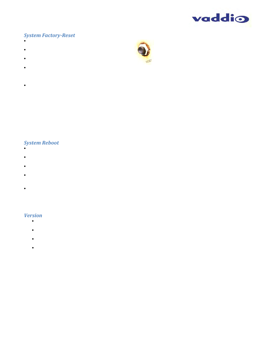 System factory‐reset, System reboot, Version | Vaddio ZoomSHOT WallVIEW USB User Manual | Page 38 / 40