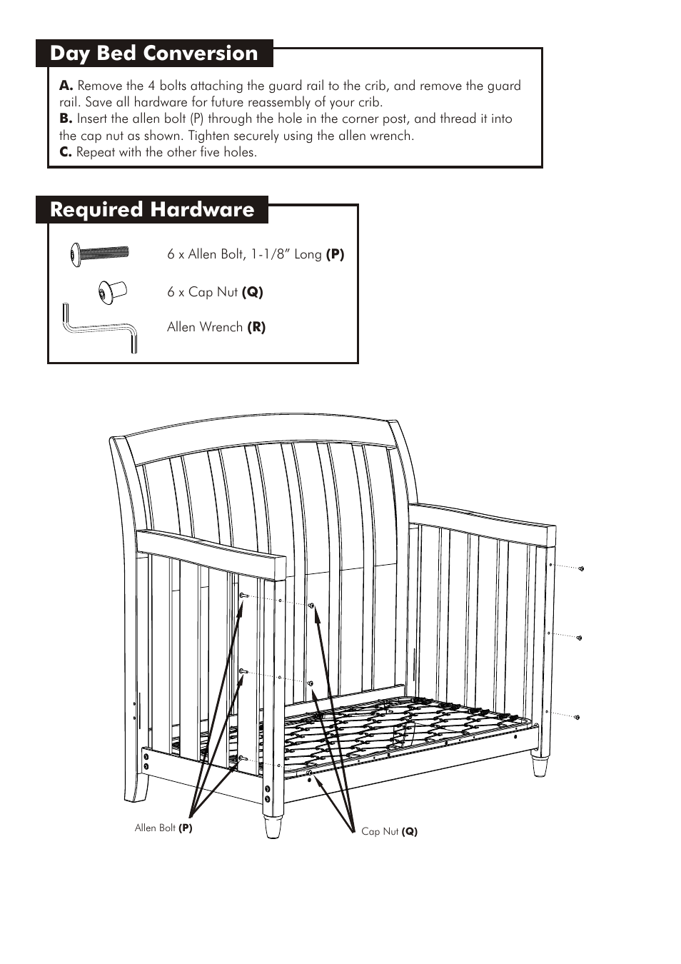 Required hardware, Day bed conversion | Westwood Design Brookline Convertible Crib User Manual | Page 12 / 13