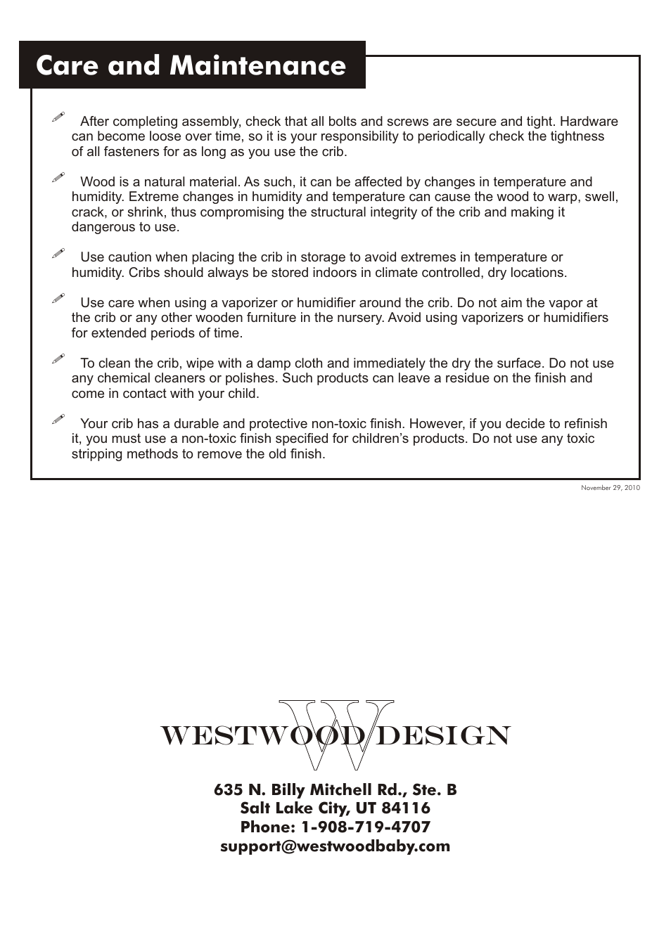 Care and maintenance, Westwood design | Westwood Design Brookline Convertible Crib User Manual | Page 13 / 13