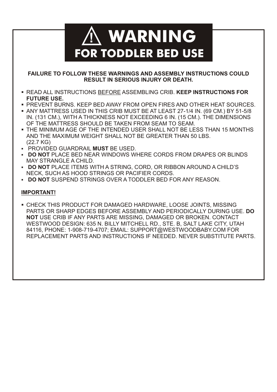 Warning, For toddler bed use | Westwood Design Brookline Convertible Crib User Manual | Page 3 / 13