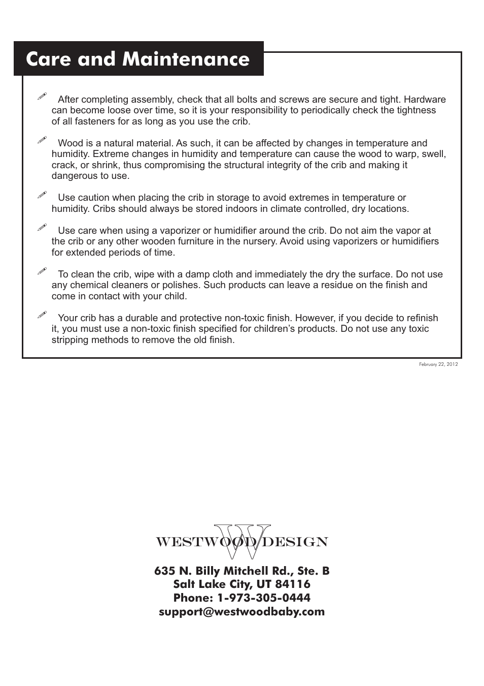 Care and maintenance | Westwood Design Donnington Convertible Crib User Manual | Page 9 / 9