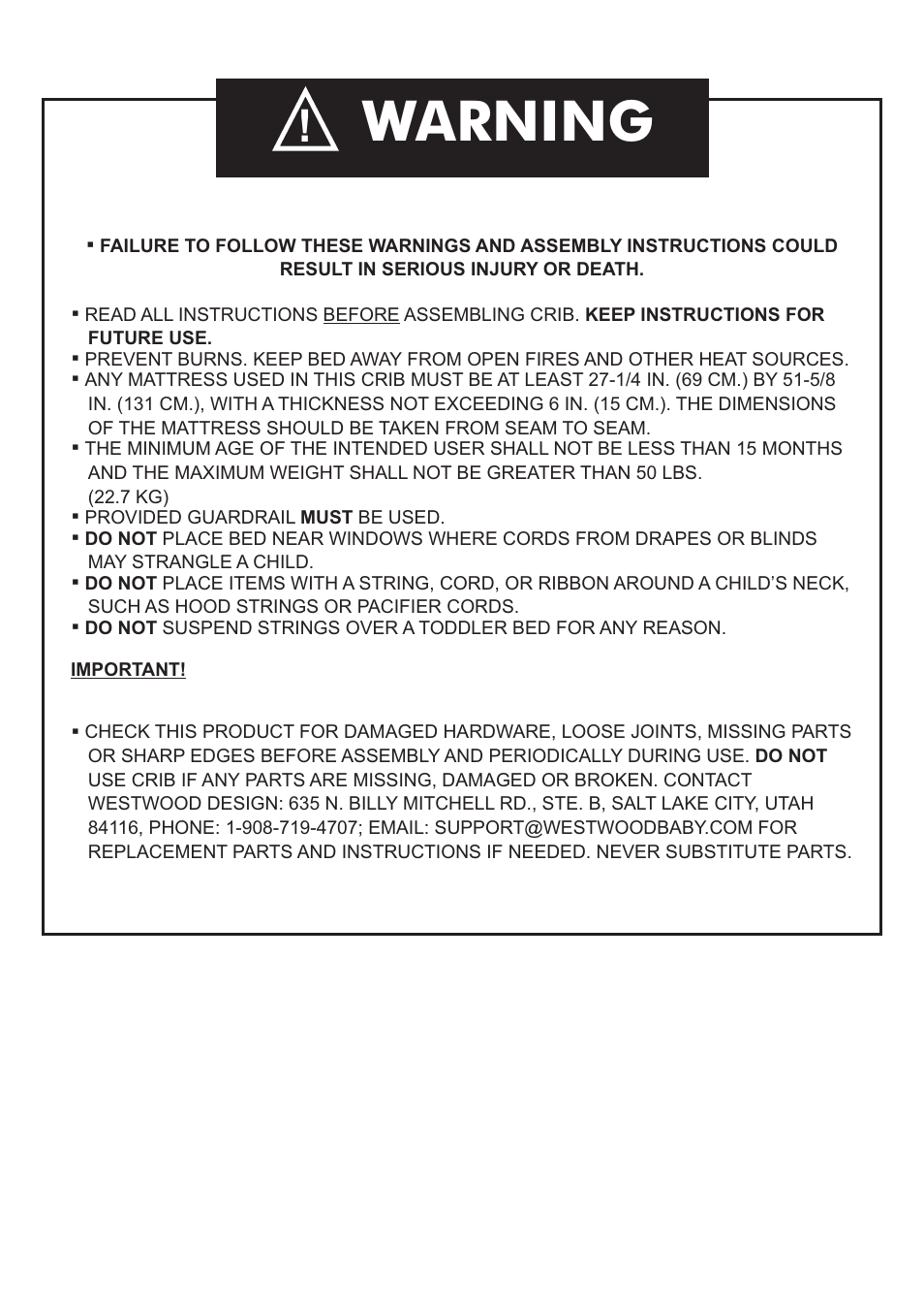 Warning | Westwood Design Geneva Toddler Guard Rail Kit User Manual | Page 2 / 5