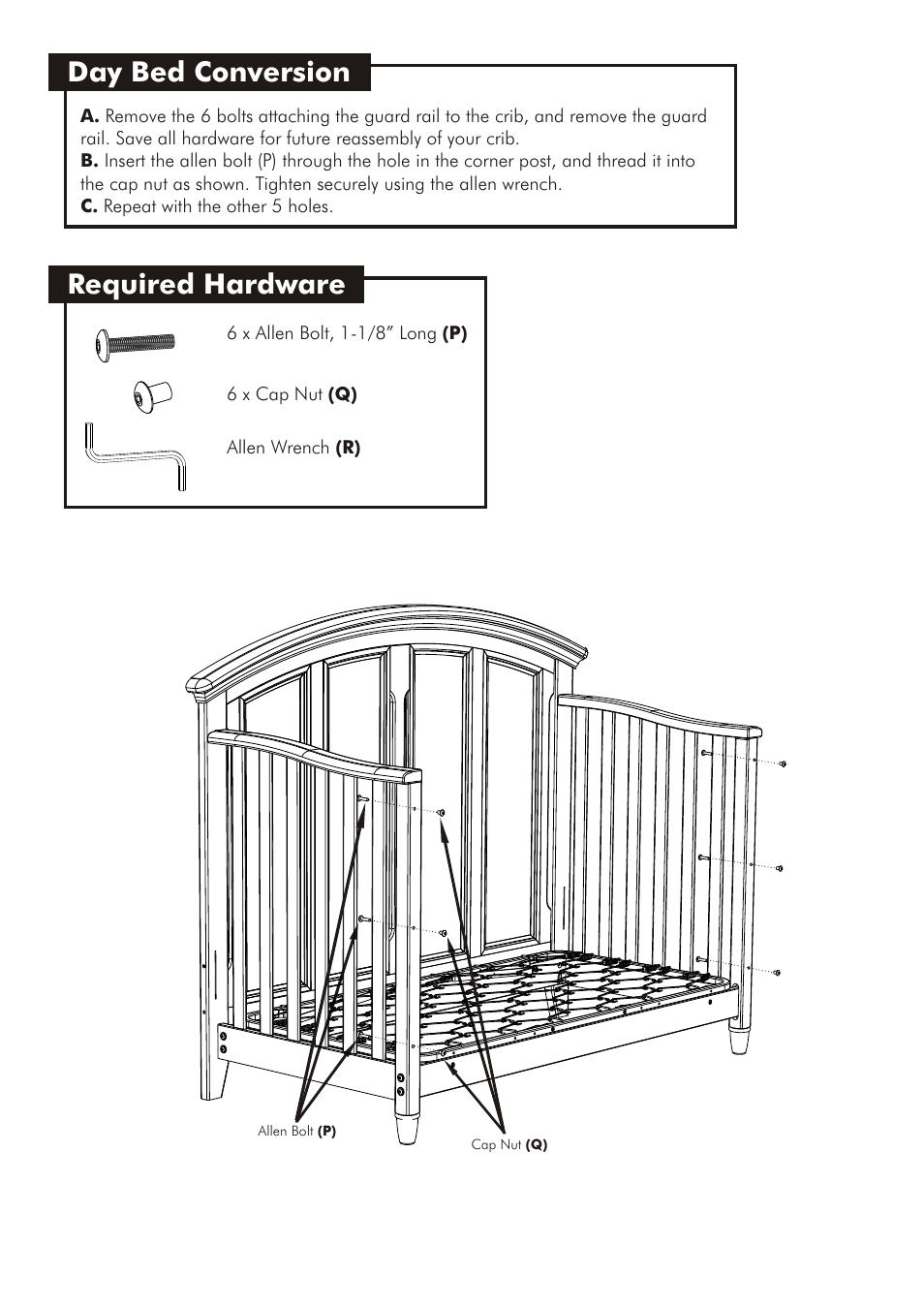 Day bed conversion, Required hardware | Westwood Design Jonesport Convertible Crib User Manual | Page 10 / 11