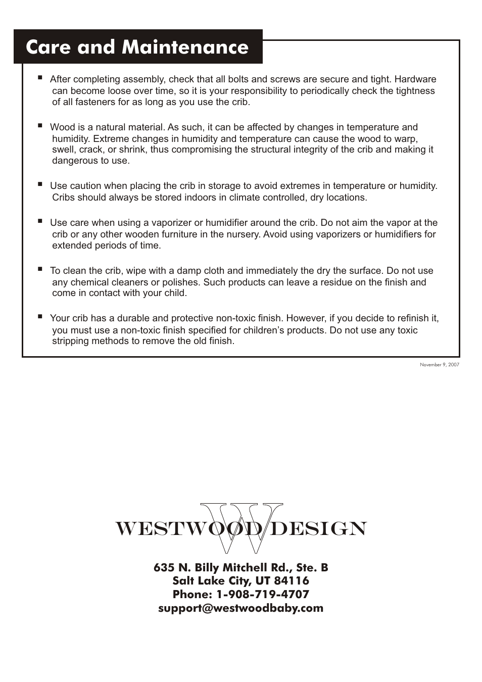 Care and maintenance, Westwood design | Westwood Design Jonesport Convertible Crib User Manual | Page 11 / 11