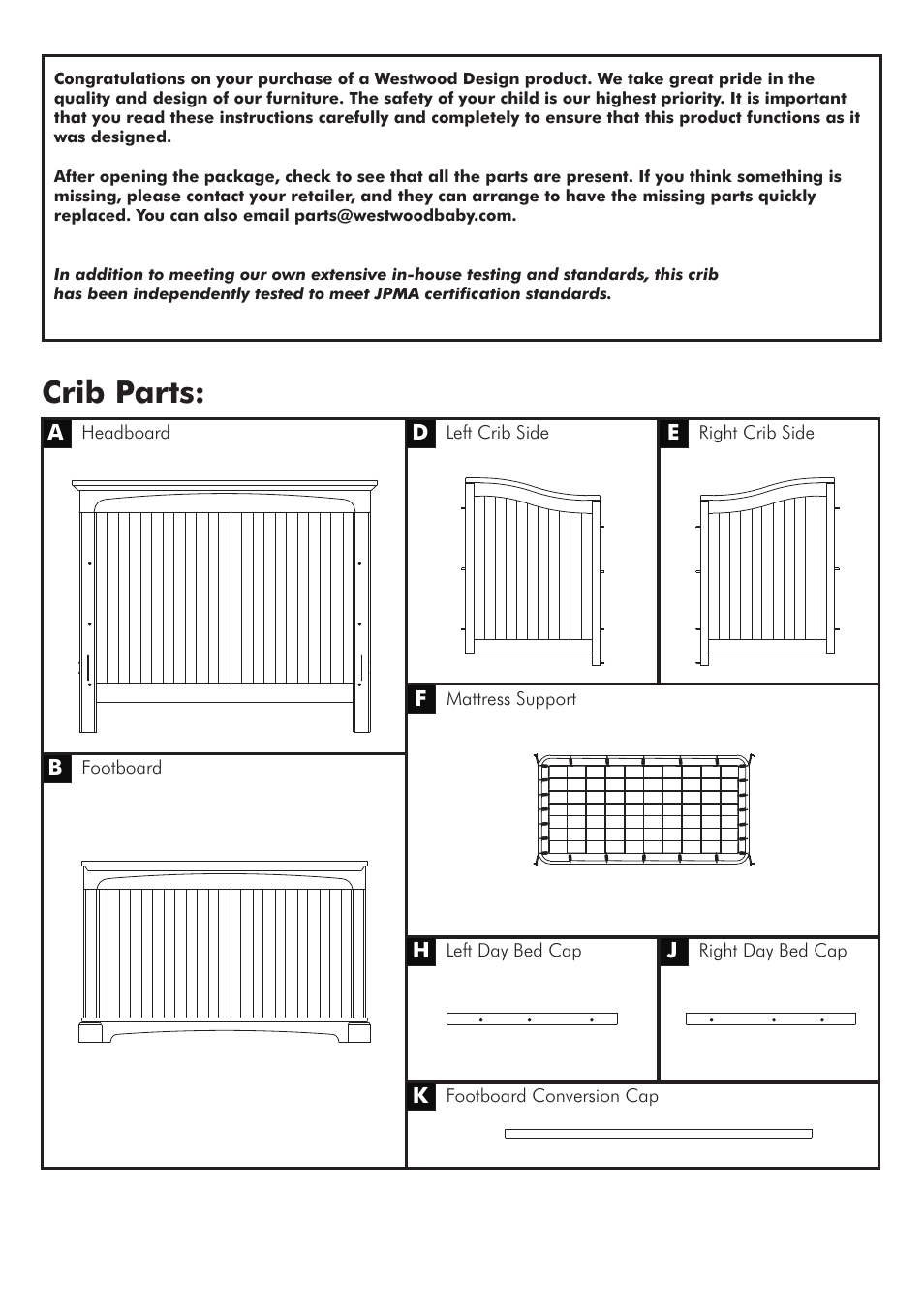 Crib parts | Westwood Design Kingston Convertible Crib User Manual | Page 3 / 9