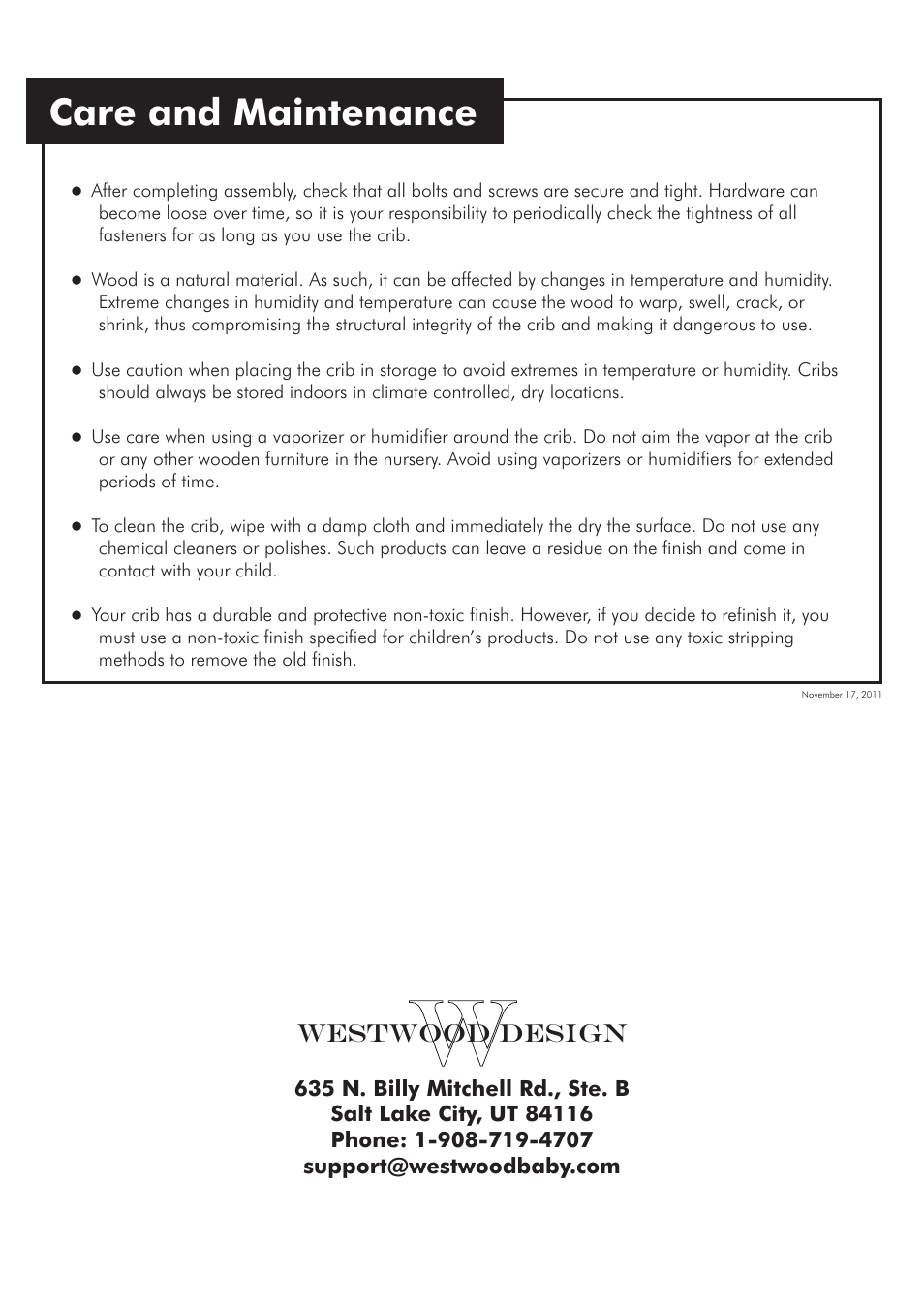 Care and maintenance | Westwood Design Kingston Convertible Crib User Manual | Page 9 / 9