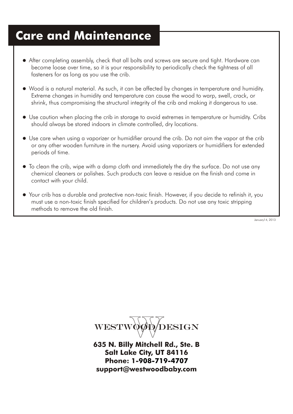 Care and maintenance | Westwood Design Meadowdale Crib Always There Hardware User Manual | Page 9 / 9
