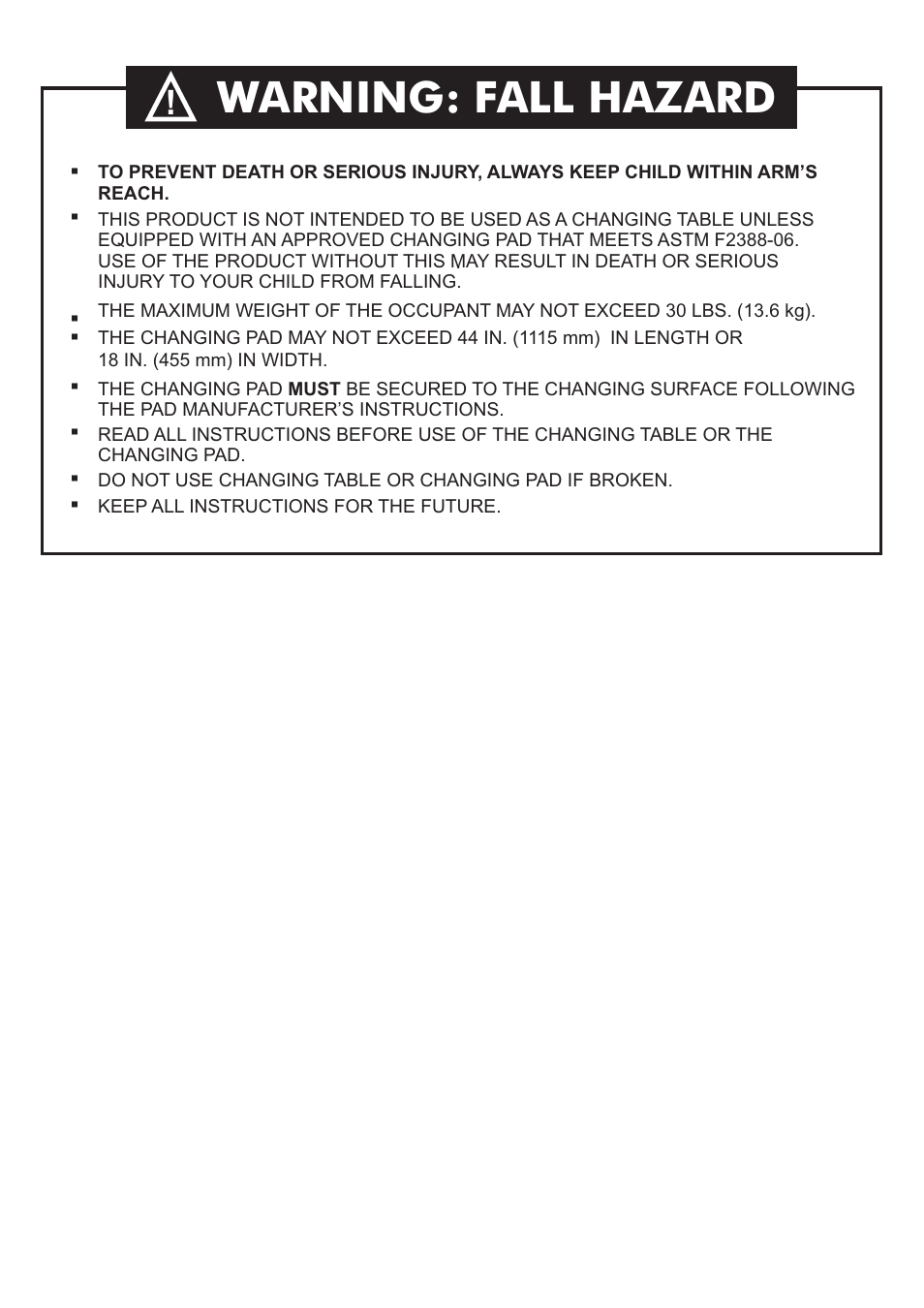 Warning: fall hazard | Westwood Design Meadowdale Dressing Combo User Manual | Page 2 / 7