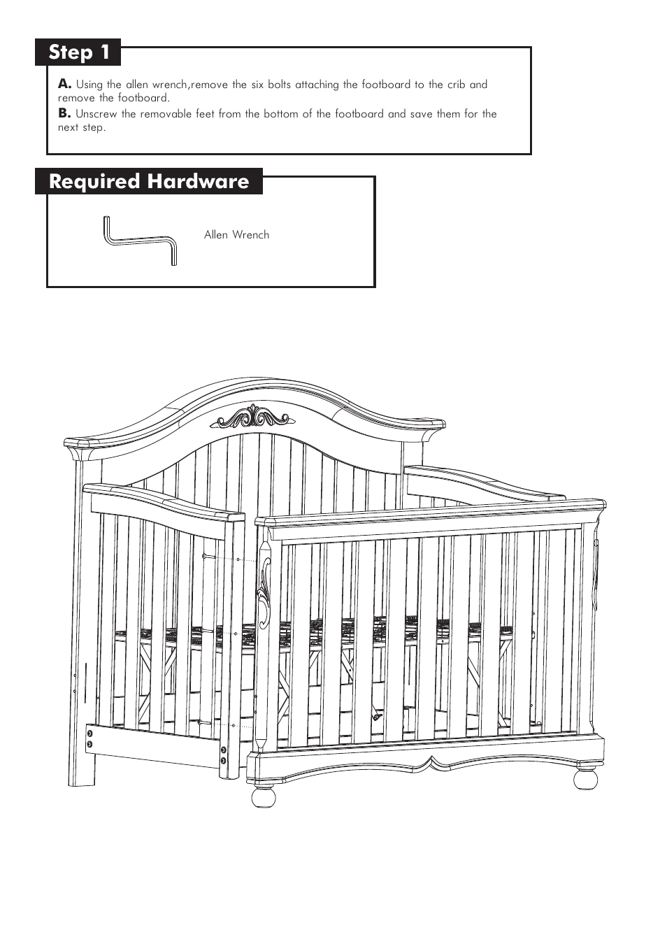 Step 1, Required hardware | Westwood Design Meadowdale Convertible Crib Guard Rail User Manual | Page 3 / 5