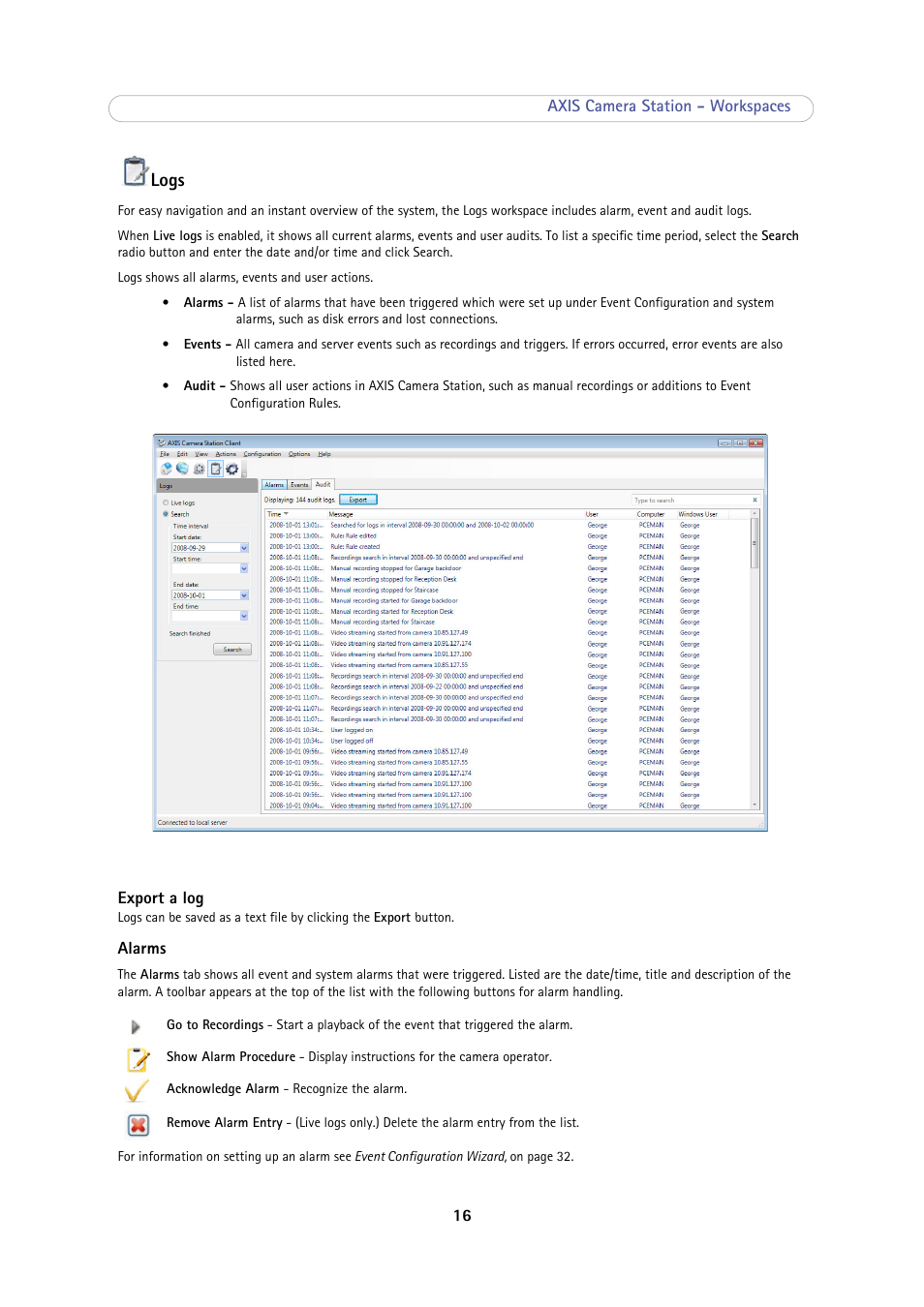 Logs | Axis Communications Camera Station User Manual | Page 16 / 47