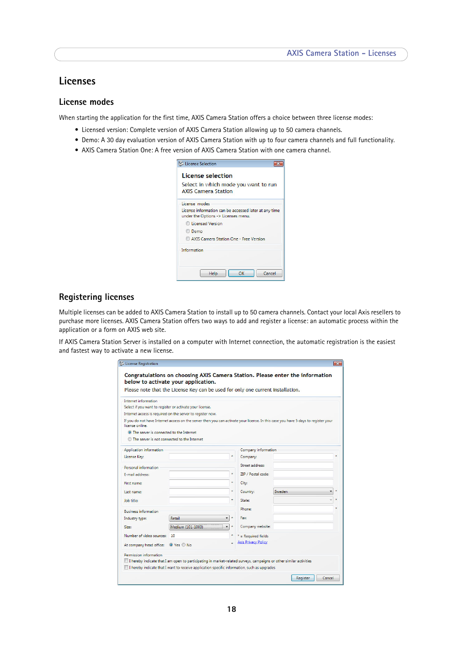 Licenses, License modes, Registering licenses | Licenses 18 | Axis Communications Camera Station User Manual | Page 18 / 47