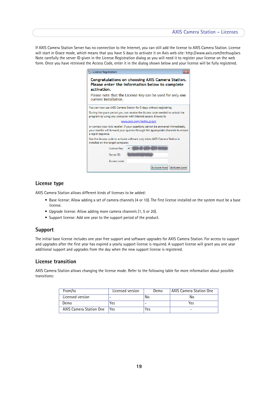 License type, Support, License transition | Axis Communications Camera Station User Manual | Page 19 / 47