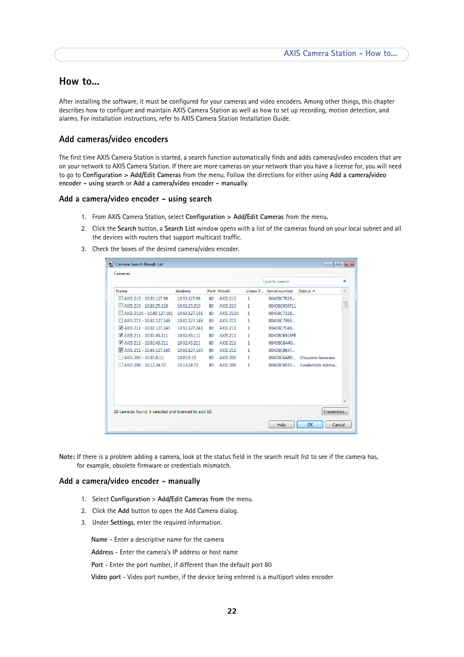 How to, Add cameras/video encoders | Axis Communications Camera Station User Manual | Page 22 / 47