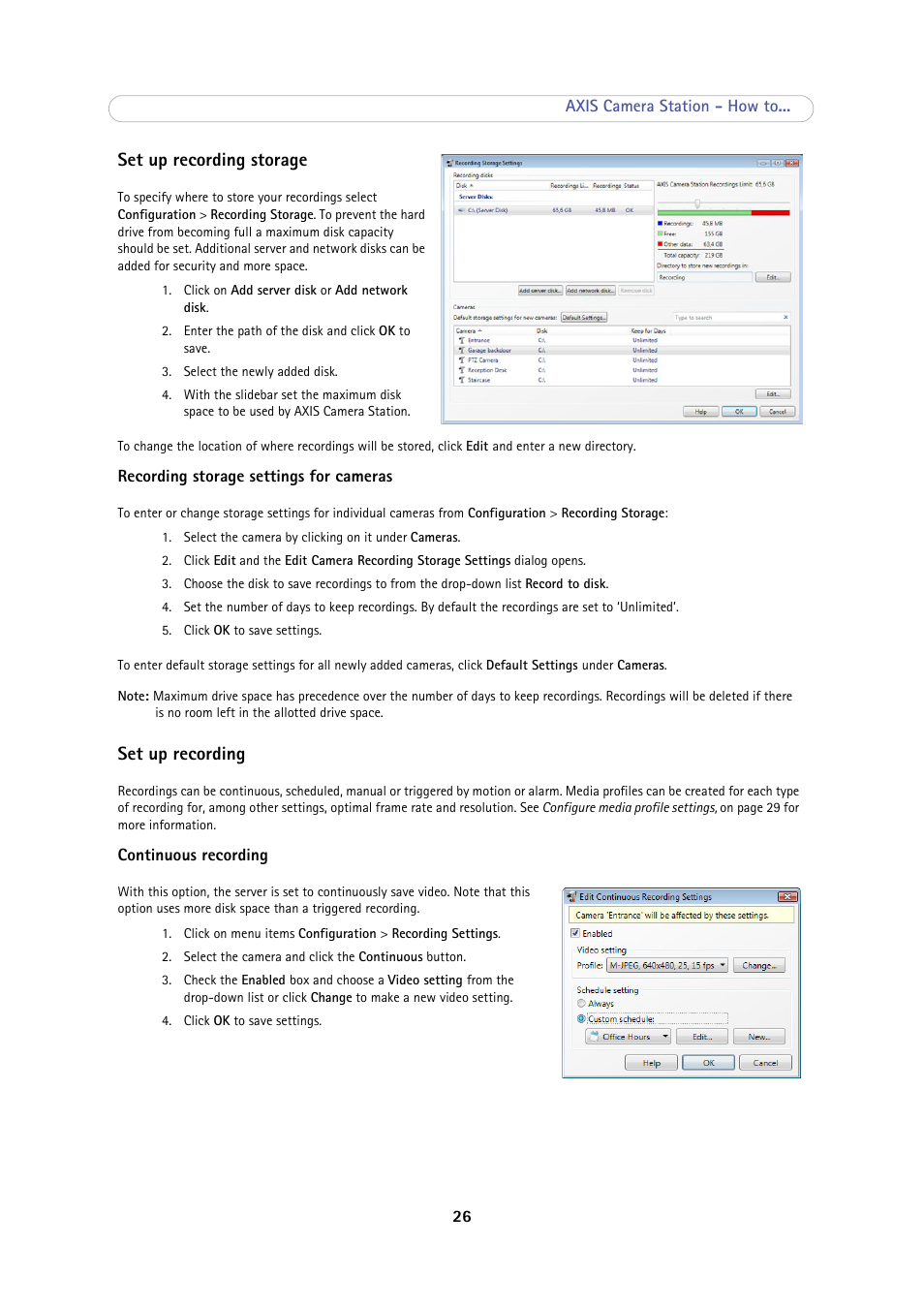 Set up recording storage, Set up recording | Axis Communications Camera Station User Manual | Page 26 / 47