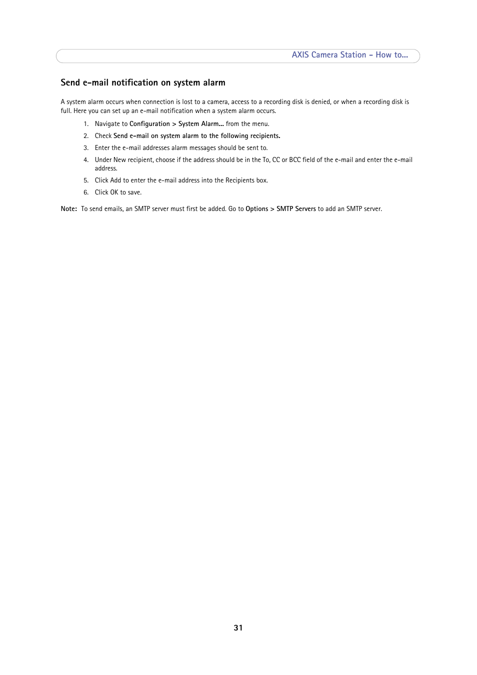 Send e-mail notification on system alarm | Axis Communications Camera Station User Manual | Page 31 / 47