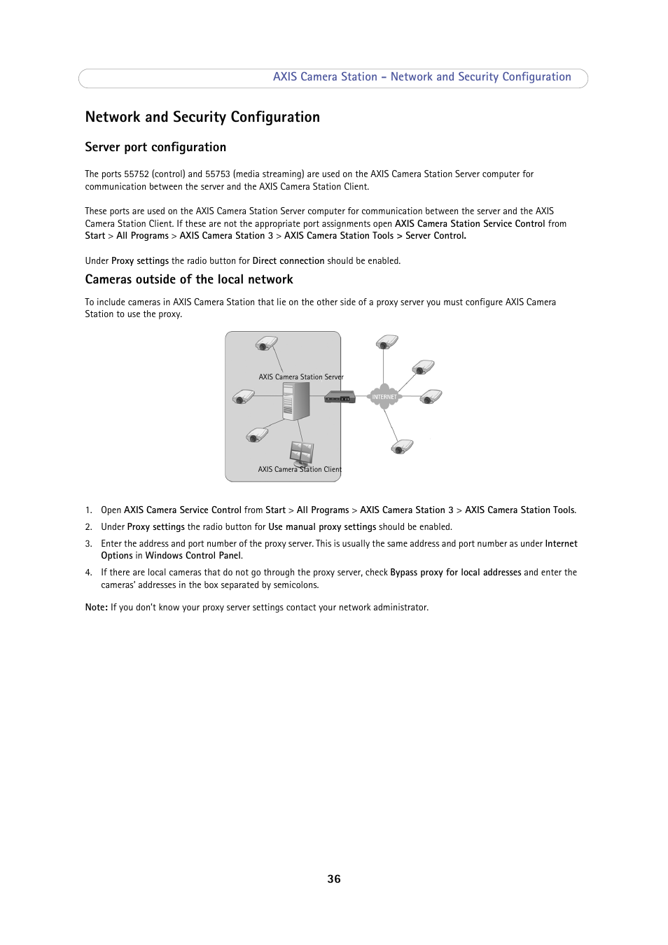 Network and security configuration, Server port configuration, Cameras outside of the local network | Network and security configuration 36 | Axis Communications Camera Station User Manual | Page 36 / 47