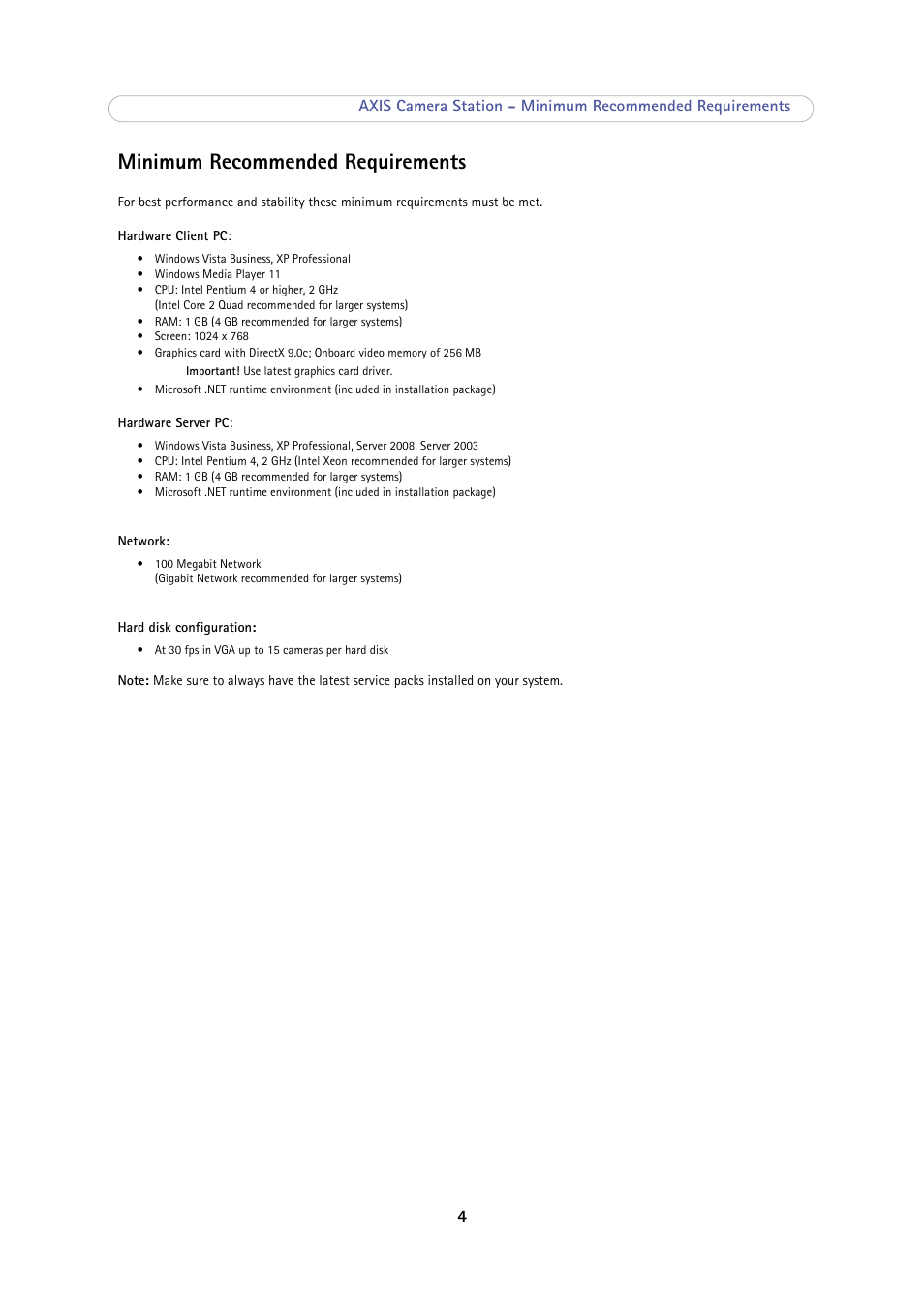 Minimum recommended requirements, Minimum recommended requirements 4 | Axis Communications Camera Station User Manual | Page 4 / 47