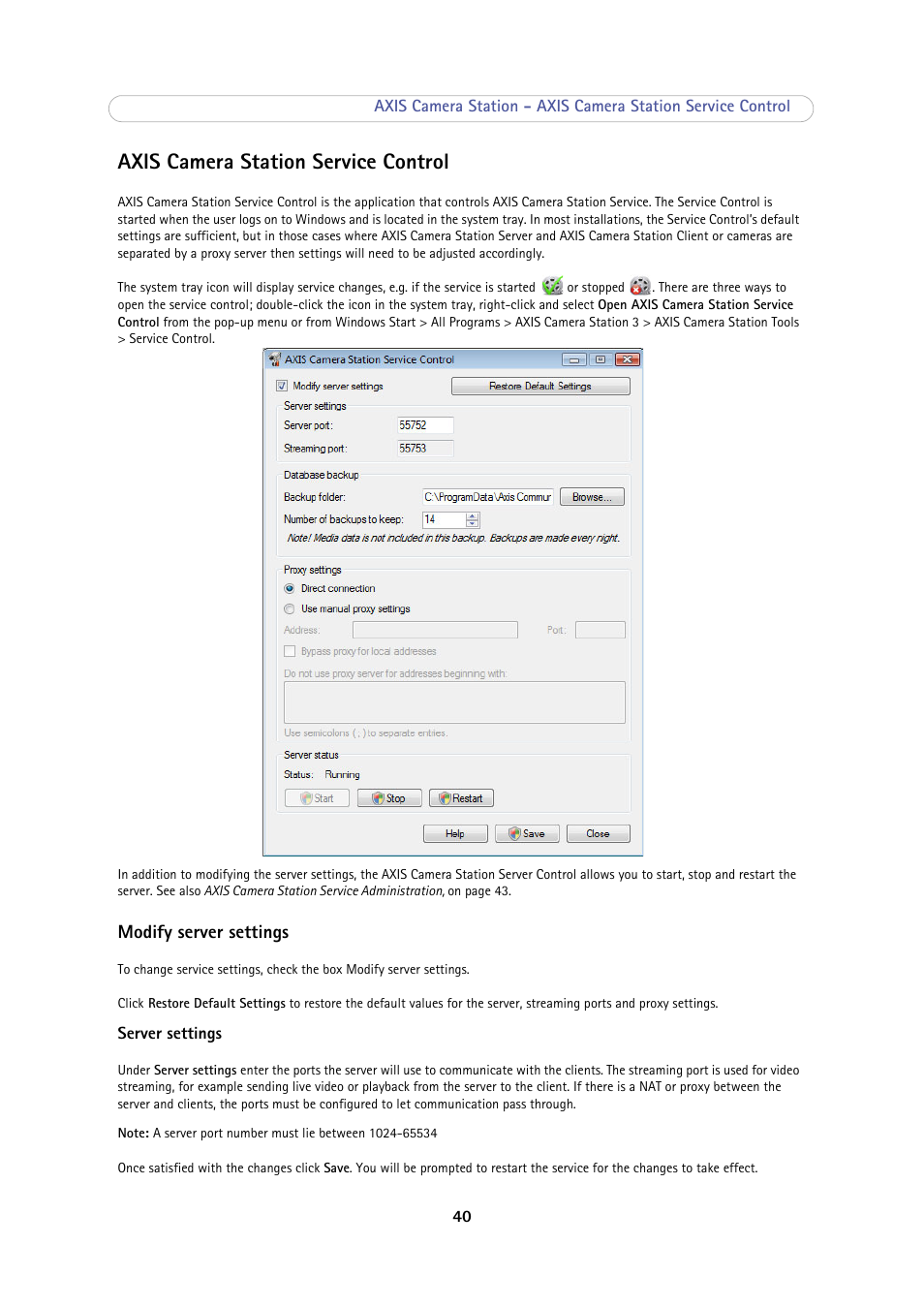 Axis camera station service control, Modify server settings, Axis camera station service control 40 | Axis Communications Camera Station User Manual | Page 40 / 47