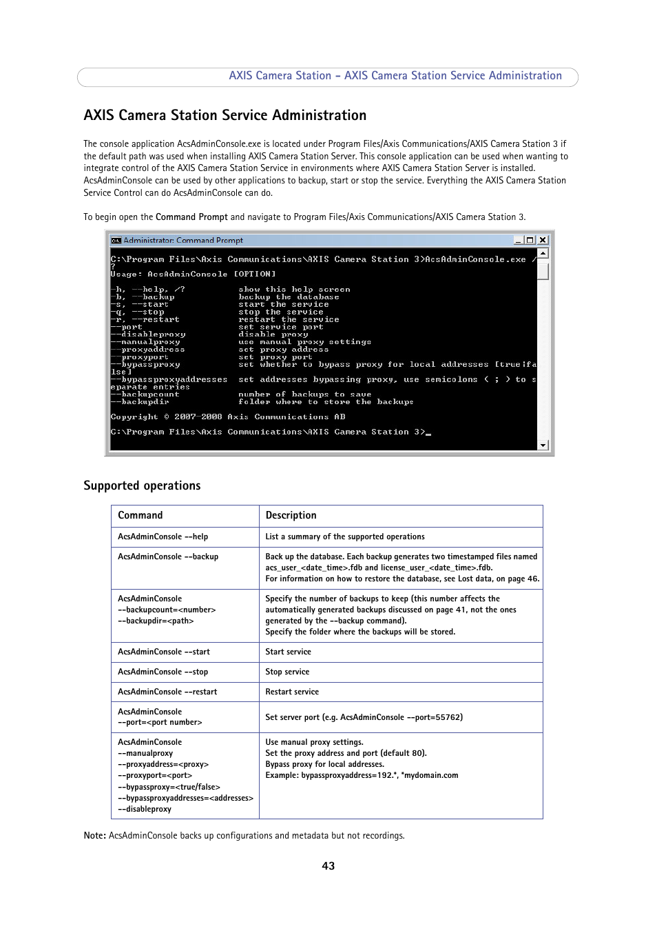 Axis camera station service administration, Supported operations, Axis camera station service administration 43 | Axis Communications Camera Station User Manual | Page 43 / 47