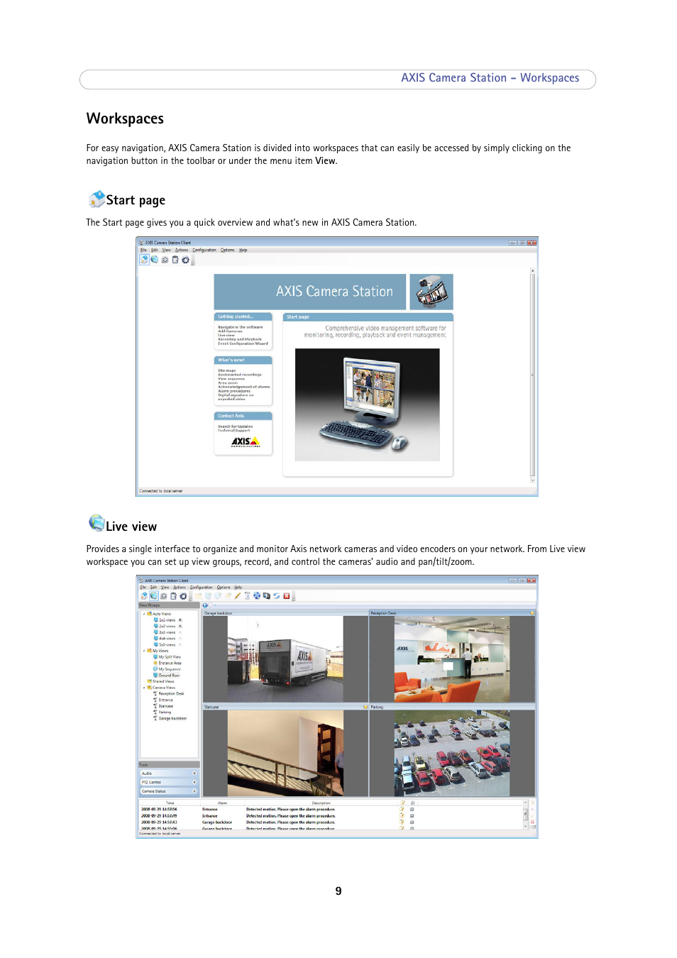 Workspaces, Live view, Workspaces 9 | Axis Communications Camera Station User Manual | Page 9 / 47