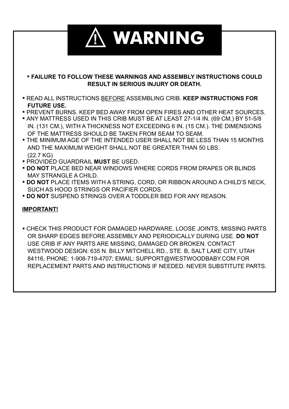 Warning | Westwood Design Waverly Convertible Crib (WA-CR-9611NR) User Manual | Page 3 / 14