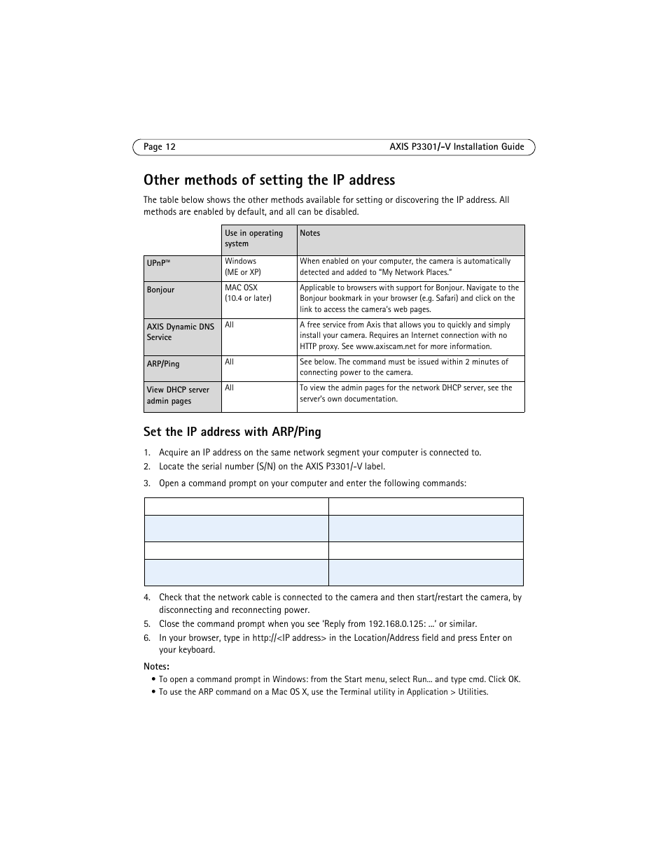 Set the ip address with arp/ping, Other methods of setting the ip address | Axis Communications Fixed Dome Network Camera AXIS P3301 User Manual | Page 12 / 74