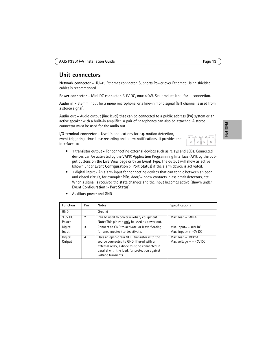 Unit connectors | Axis Communications Fixed Dome Network Camera AXIS P3301 User Manual | Page 13 / 74