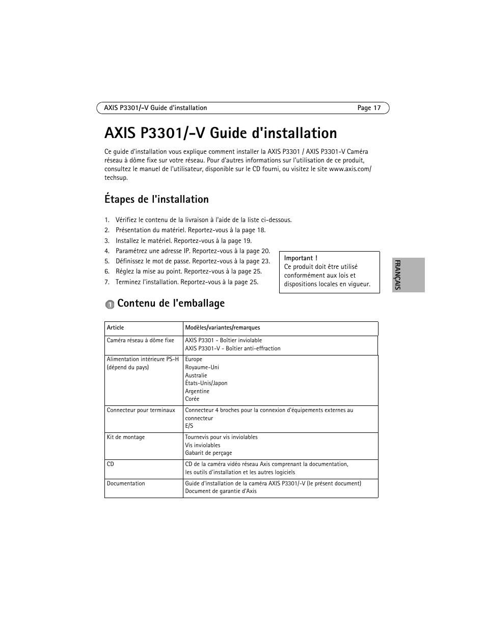 Axis p3301/-v guide d'installation, Étapes de l'installation, Contenu de l'emballage | Axis Communications Fixed Dome Network Camera AXIS P3301 User Manual | Page 17 / 74