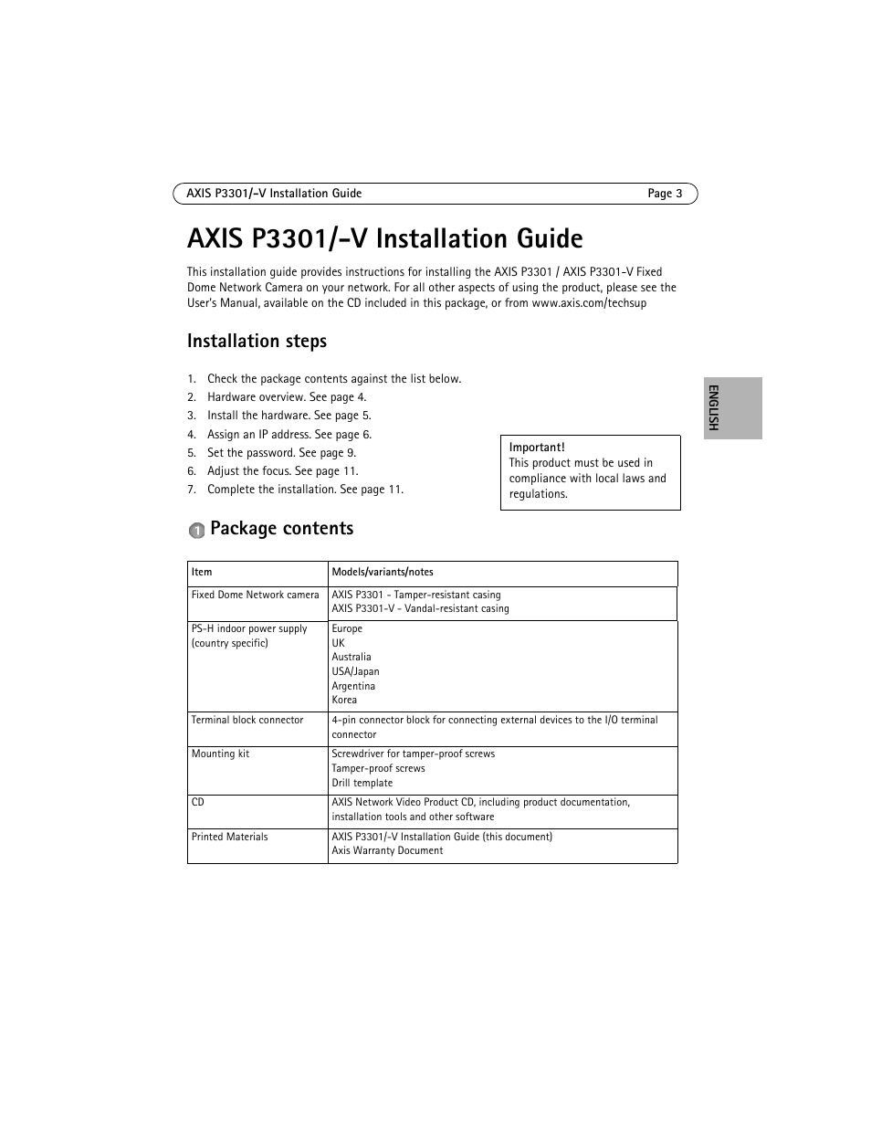 Axis p3301/-v installation guide, Installation steps, Package contents | Axis Communications Fixed Dome Network Camera AXIS P3301 User Manual | Page 3 / 74