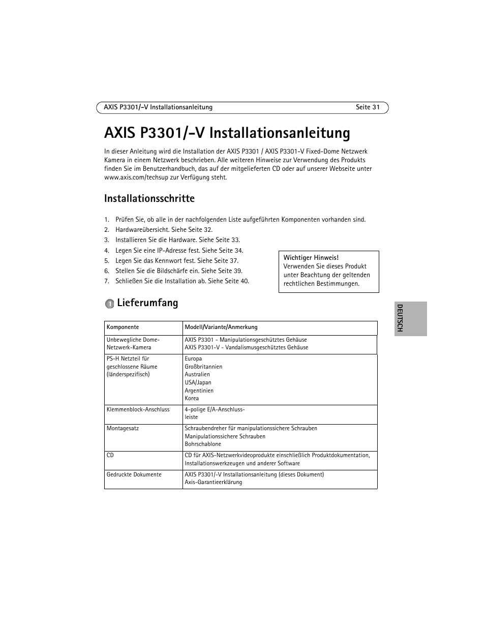 Axis p3301/-v installationsanleitung, Installationsschritte, Lieferumfang | Axis Communications Fixed Dome Network Camera AXIS P3301 User Manual | Page 31 / 74