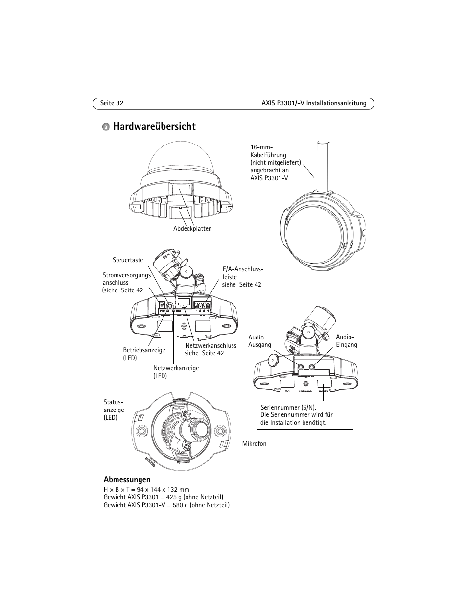 Hardwareübersicht, Übersicht. siehe seite 32 | Axis Communications Fixed Dome Network Camera AXIS P3301 User Manual | Page 32 / 74