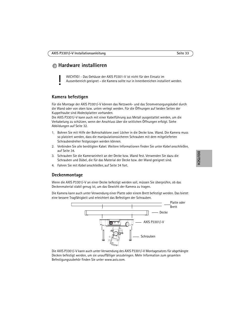 Hardware installieren, Kamera befestigen, Deckenmontage | E seite 33 | Axis Communications Fixed Dome Network Camera AXIS P3301 User Manual | Page 33 / 74