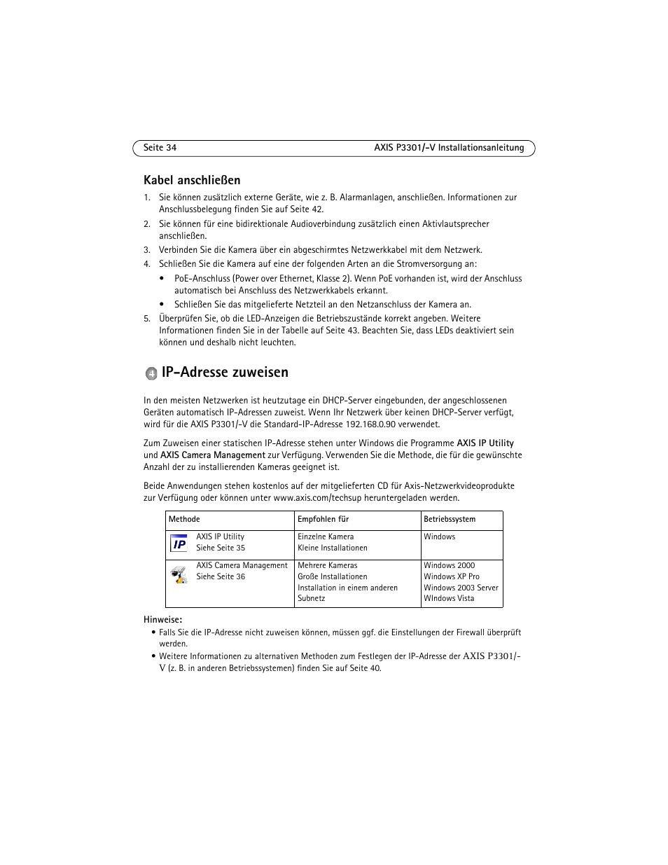 Ip-adresse zuweisen, Seite 34, Kabel anschließen | Axis Communications Fixed Dome Network Camera AXIS P3301 User Manual | Page 34 / 74