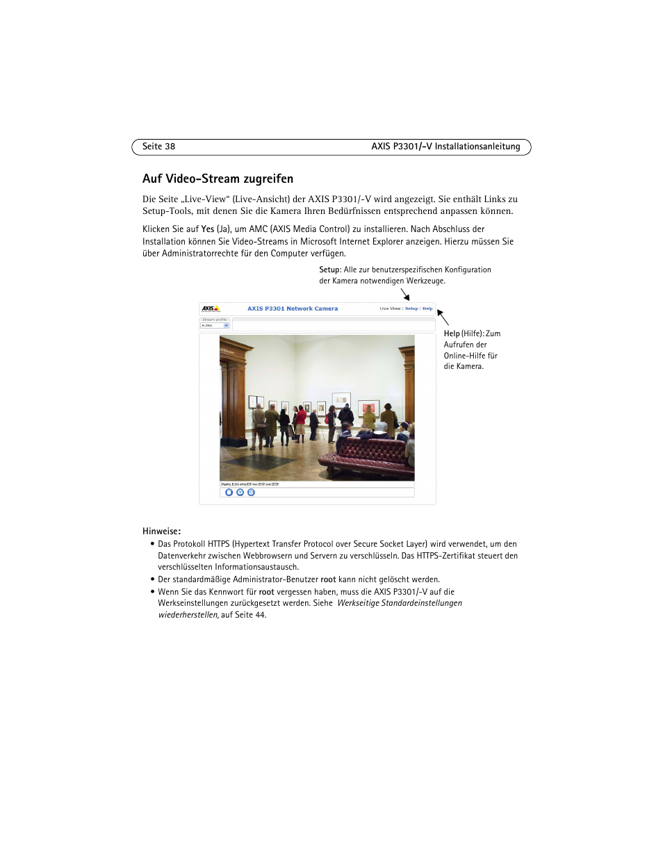 Auf video-stream zugreifen | Axis Communications Fixed Dome Network Camera AXIS P3301 User Manual | Page 38 / 74