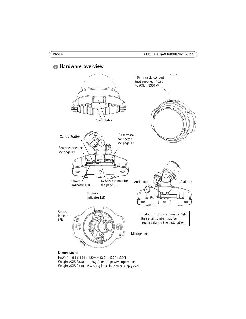 Hardware overview | Axis Communications Fixed Dome Network Camera AXIS P3301 User Manual | Page 4 / 74