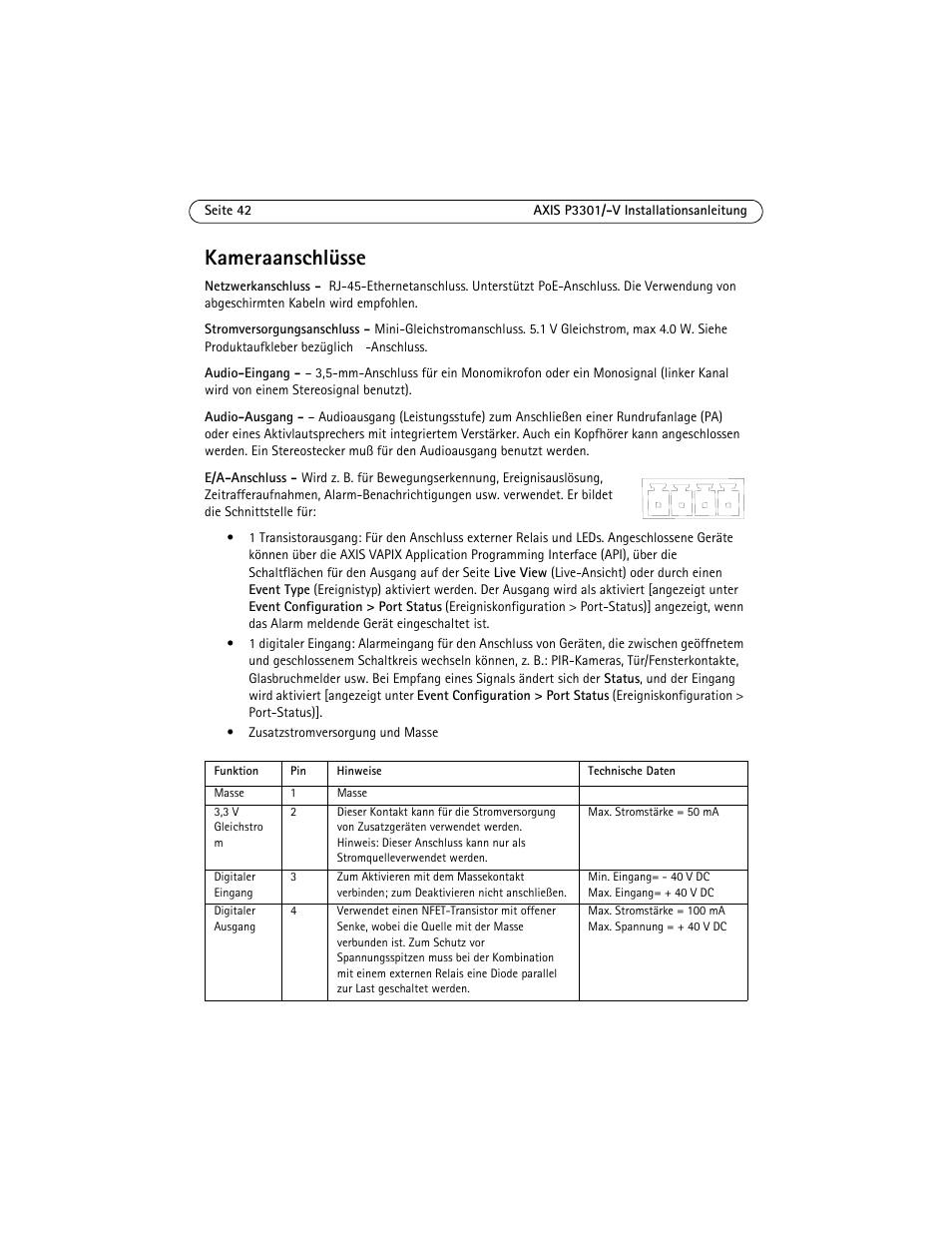 Seite 42, Kameraanschlüsse | Axis Communications Fixed Dome Network Camera AXIS P3301 User Manual | Page 42 / 74