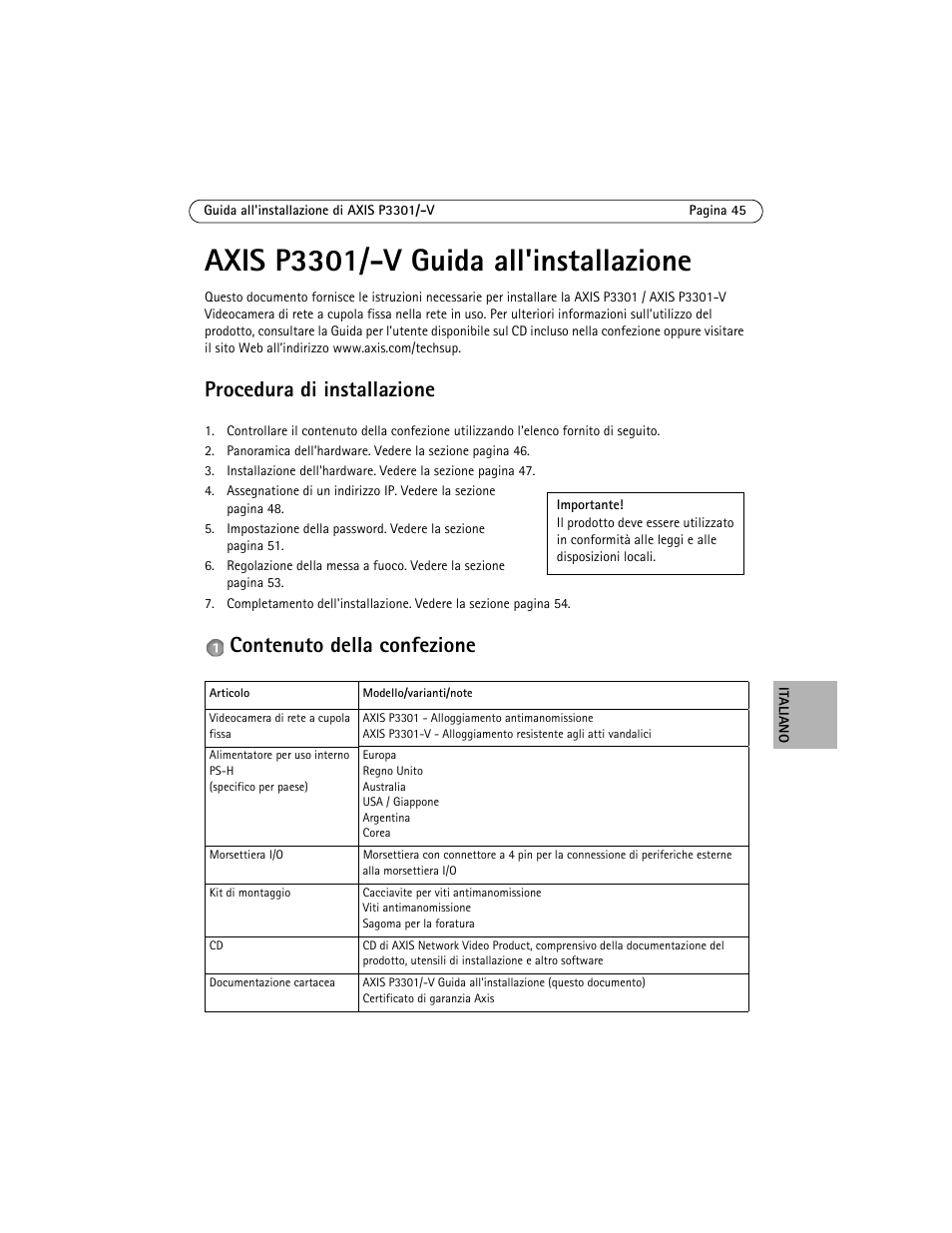 Axis p3301/-v guida all'installazione, Procedura di installazione, Contenuto della confezione | Axis Communications Fixed Dome Network Camera AXIS P3301 User Manual | Page 45 / 74