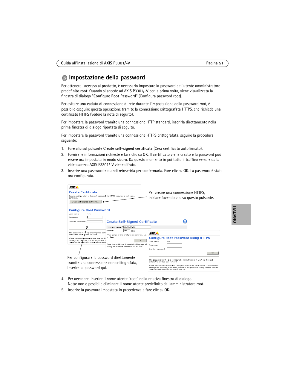 Impostazione della password | Axis Communications Fixed Dome Network Camera AXIS P3301 User Manual | Page 51 / 74