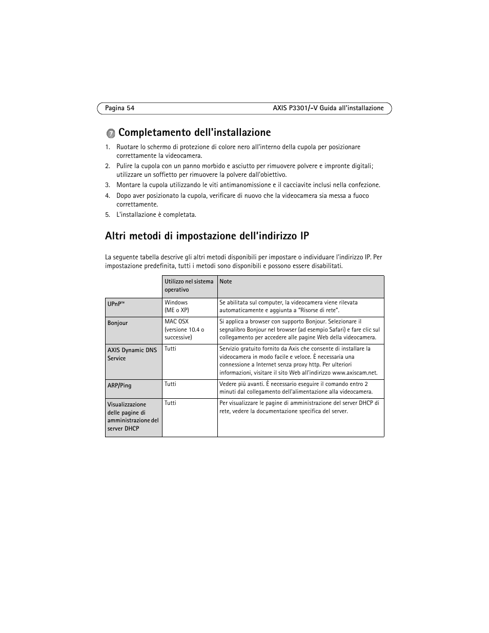 Altri metodi di impostazione dell’indirizzo ip, Completamento dell'installazione | Axis Communications Fixed Dome Network Camera AXIS P3301 User Manual | Page 54 / 74