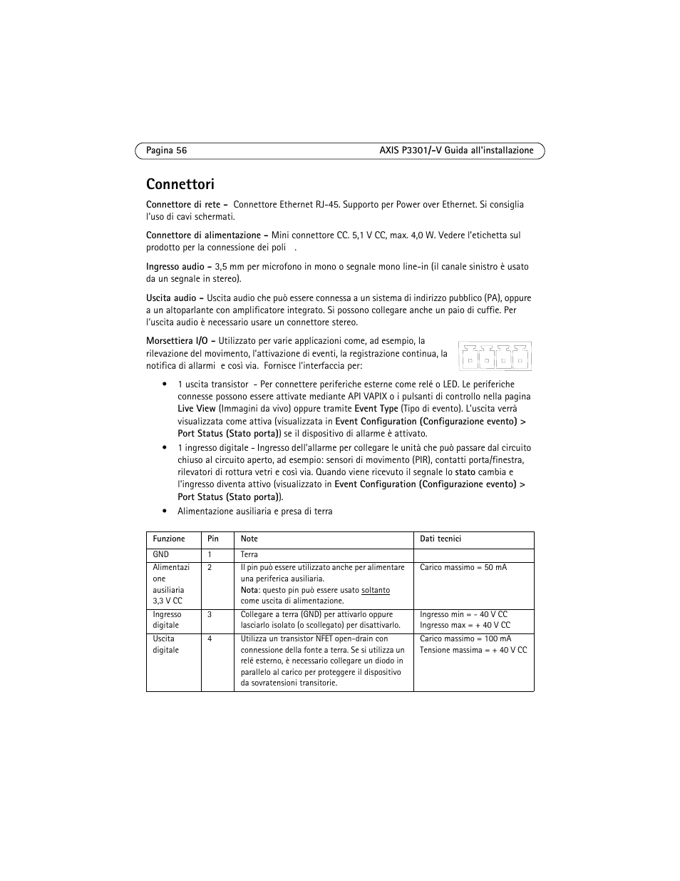 Connettori | Axis Communications Fixed Dome Network Camera AXIS P3301 User Manual | Page 56 / 74