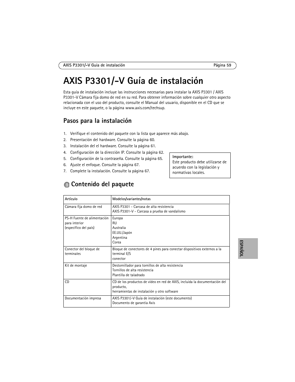 Axis Communications Fixed Dome Network Camera AXIS P3301 User Manual | Page 59 / 74