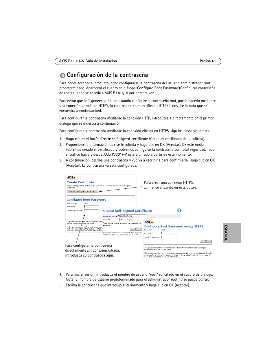 Configuración de la contraseña | Axis Communications Fixed Dome Network Camera AXIS P3301 User Manual | Page 65 / 74