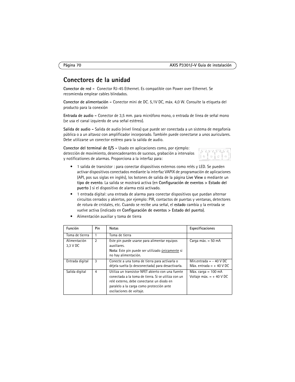 Conectores de la unidad | Axis Communications Fixed Dome Network Camera AXIS P3301 User Manual | Page 70 / 74