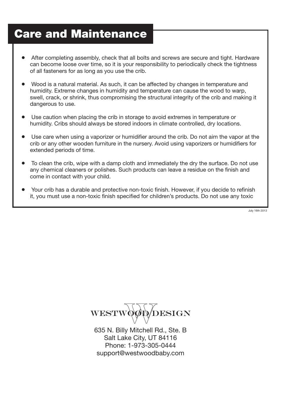 Care and maintenance, Westwood design | Westwood Design Newcastle Cottage Crib User Manual | Page 7 / 7